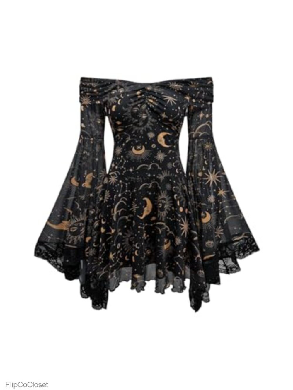 Gothic Off Shoulder Mesh Dress with Sun Moon Print Ruffle Sleeve